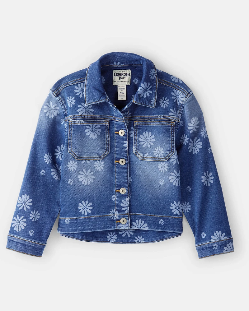 Girls Dark Wash Floral Denim Jacket - Blue