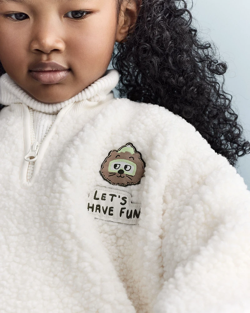 Toddler Let's Have Fun'  Sherpa Quarter-Zip Sweatshirt - Cream