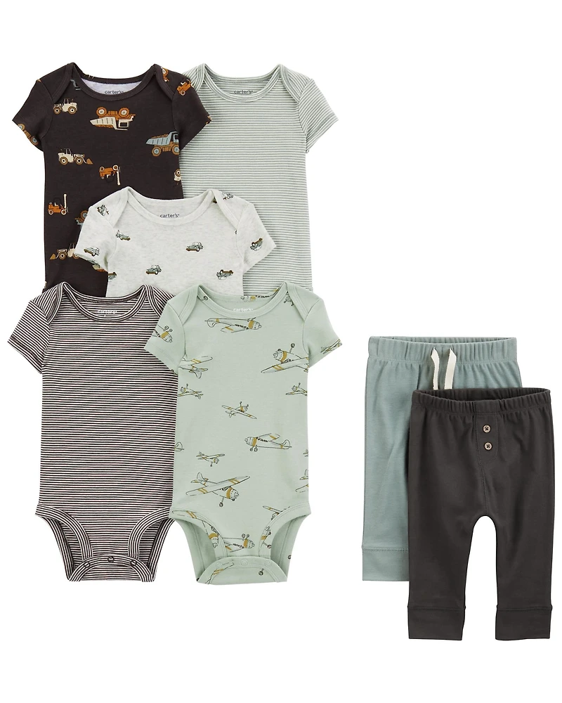 Baby 7-Piece Short-Sleeve Bodysuits & Pull-On Pants Set