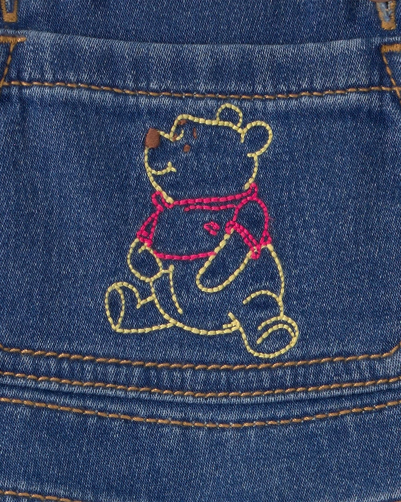 Baby Disney© Winnie the Pooh Embroidered Knit-Like Denim Overalls - Dark Wash