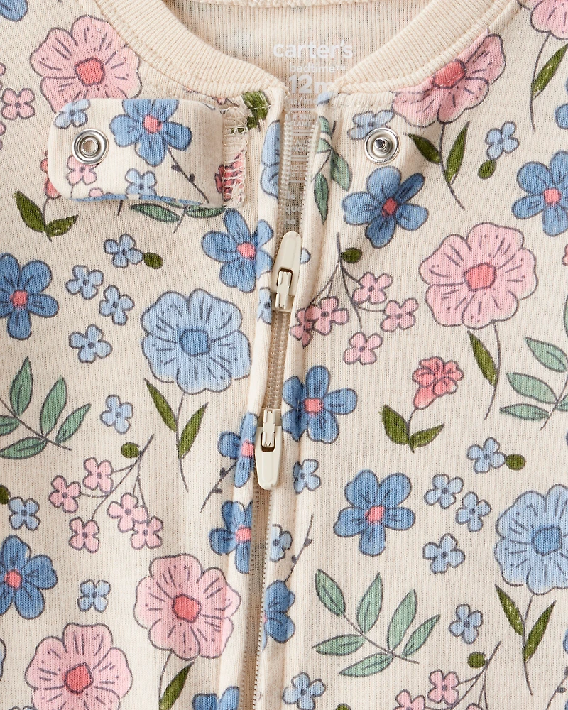 Baby Girl Floral 100% Cotton Snug Fit 2-Way Zip Footie 1-Piece Pajamas - Ivory