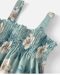 Girls Smocked Linen Dress Made with Organic Cotton in Blue Hibiscus