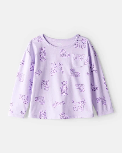 Toddler Girl Dog Print Long-Sleeve Pocket Tee - Purple