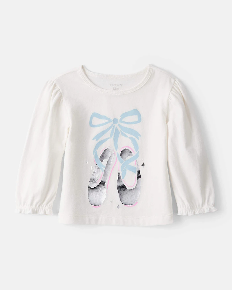 Baby Girl Metallic Ballet Shoe Long-Sleeve Graphic Tee - White
