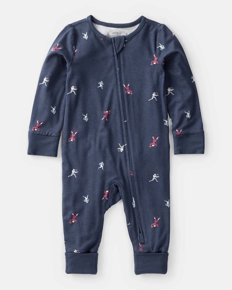 Baby Boy Football Print PurelySoft Long-Sleeve Sleep & Play Pajamas - Blue