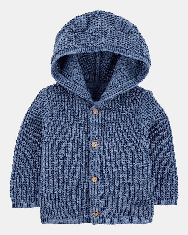 Baby Hooded Waffle Knit Cardigan - Navy Blue
