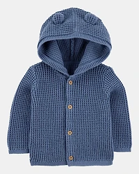 Baby Hooded Waffle Knit Cardigan - Navy Blue