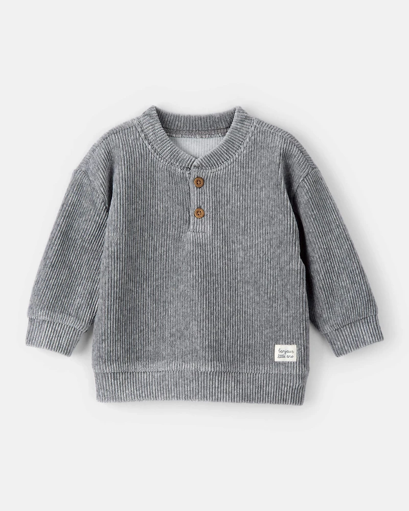 Baby Boy Ribbed Velour Pullover Sweatshirt - Grey