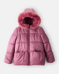 Girls Hooded Puffer Jacket - Burgundy