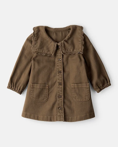 Baby Girl Scalloped Collar Button-Down Long-Sleeve Dress - Brown