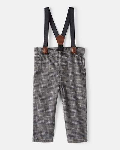 Baby Boy Plaid Cotton Pants With Suspenders - Grey