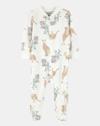 Baby Girl Kangaroo 2-Way Zip Cotton Sleep & Play Pajamas - Ivory