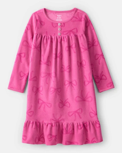 Girls Bow Print Fleece Long-Sleeve Loose Fit Night Gown - Pink