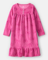 Girls Bow Print Fleece Long-Sleeve Loose Fit Night Gown - Pink