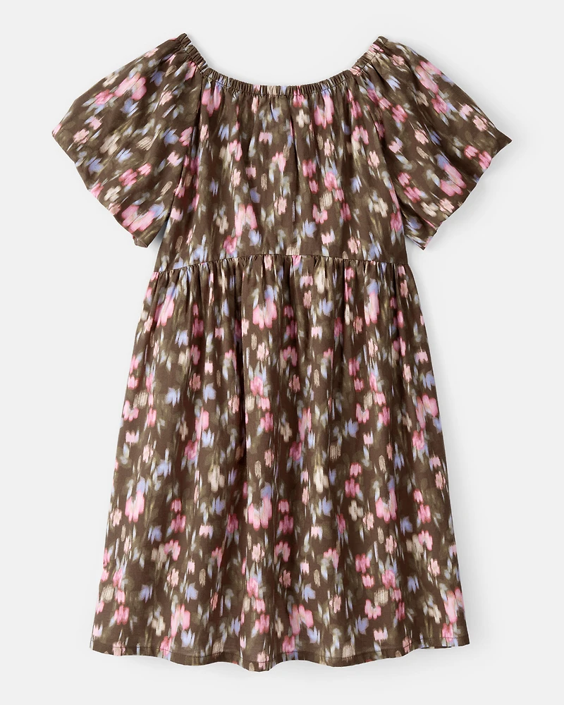 Girls Floral Cotton Short-Sleeve Dress -Brown