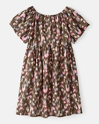 Girls Floral Cotton Short-Sleeve Dress -Brown
