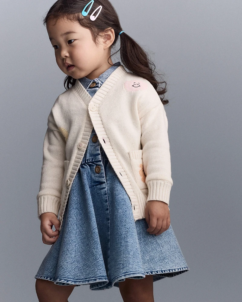 Toddler Cardigan with Avenue Pockets in Character Print- Cream