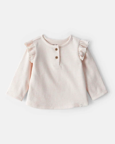 Baby Girl Striped Flutter-Sleeve Long-Sleeve Top - Pink/Cream