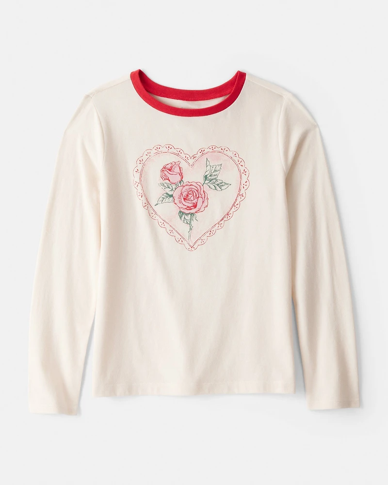 Girls Valentine Heart Long-Sleeve Graphic Tee - White