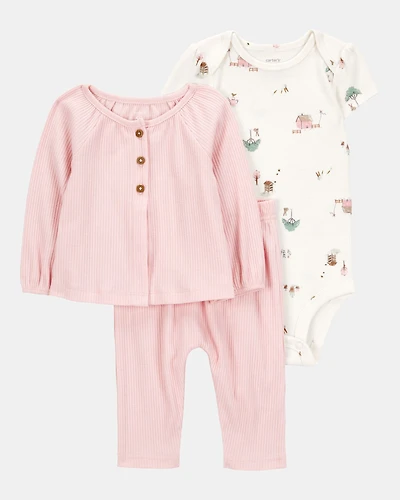 Baby 3-Piece Barn Print Little Cardigan Set - Pink/White
