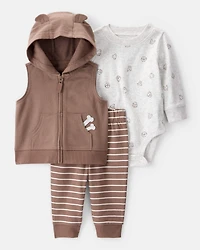 Baby 3-Piece Dog Little Vest Set - White/Brown