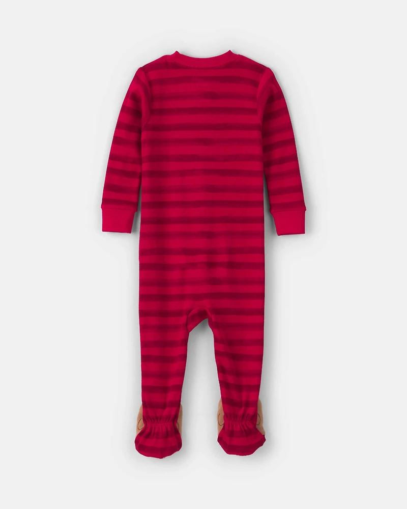 Toddler 1-Piece Striped Reindeer 100% Cotton Snug Fit Footed Pajama - Red