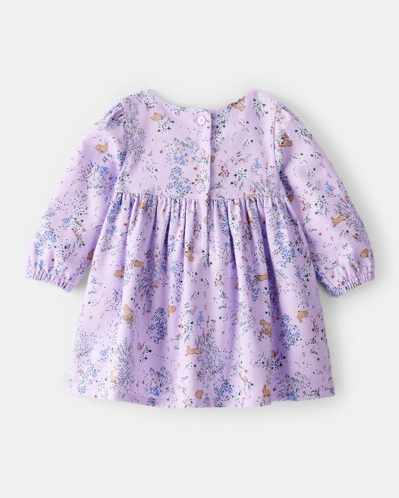 Baby Girl Floral Bunny Print Long-Sleeve Dress - Purple