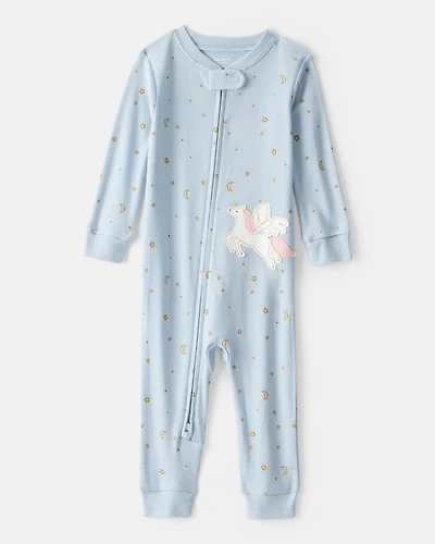Toddler Girl Unicorn Star 100% Cotton Long-Sleeve 1-Piece Pajamas - Blue