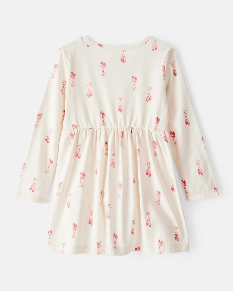 Toddler Girl Ballet Slipper Print Long-Sleeve Dress - Ivory