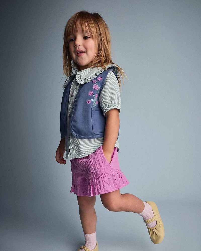 Toddler Girl Embroidered Cropped Vest with Otter Pockets - Slate Blue