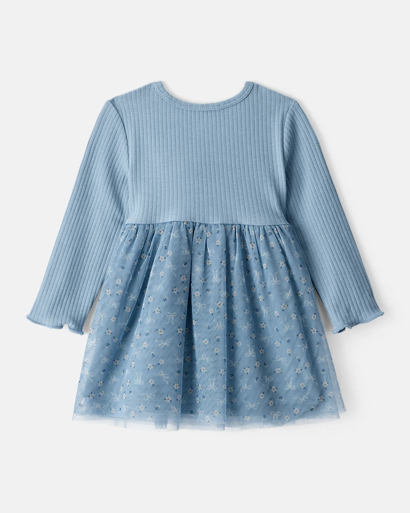 Baby Girl Floral Print Long-Sleeve Dress - Blue