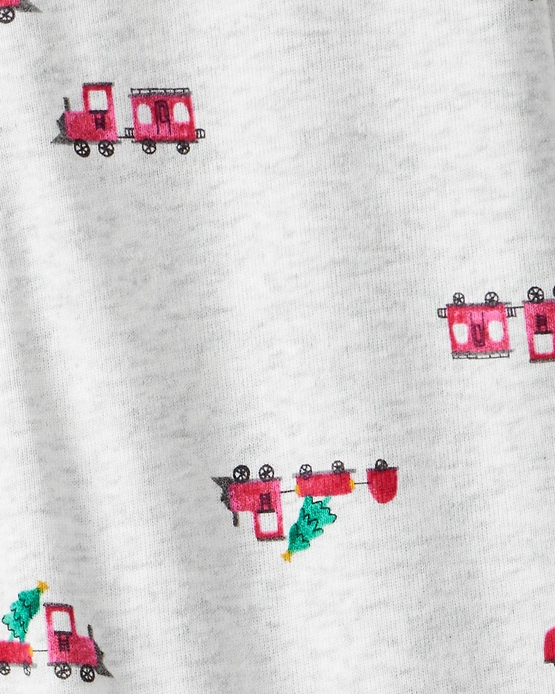 Baby Boy Train Print Cotton Long-Sleeve Snug Fit 1-Piece Pajamas - Grey