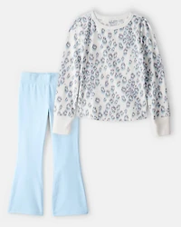 Girls 2-Piece Cheetah Active Top & Flare Pants Set - Blue/White