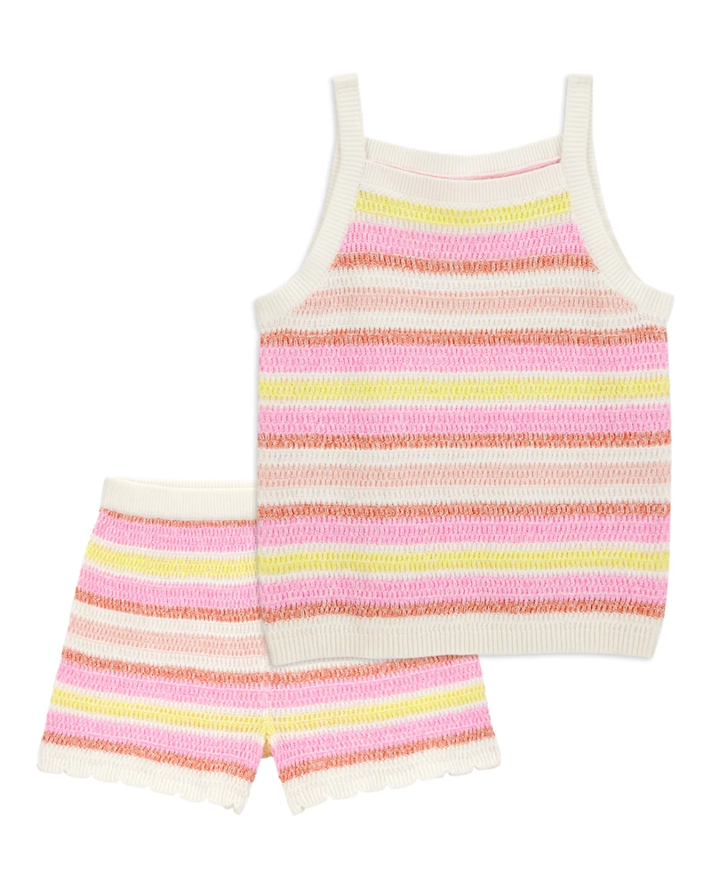 Kid 2-Piece Striped Sweater Crochet Knit Tank & Shorts Set