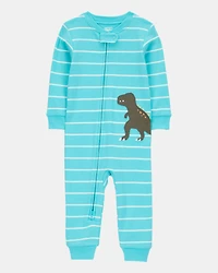 Toddler Boy 1-Piece Striped Dinosaur 100% Snug Fit Cotton Footless Pajamas - Turquoise