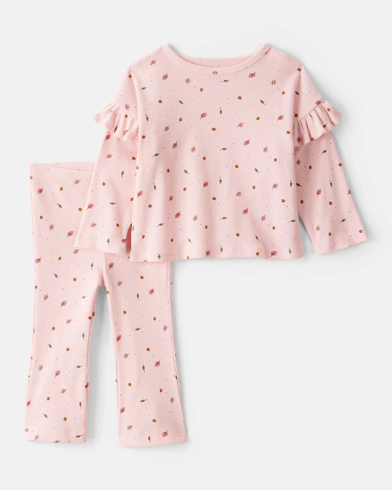 Baby Girl 2-Piece Leaf Print Cotton Long-Sleeve Tee & Pant Set - Pink