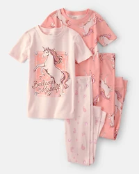 Girls Unicorn 100% Cotton Snug Fit 4-Piece Pajama Set - Pink