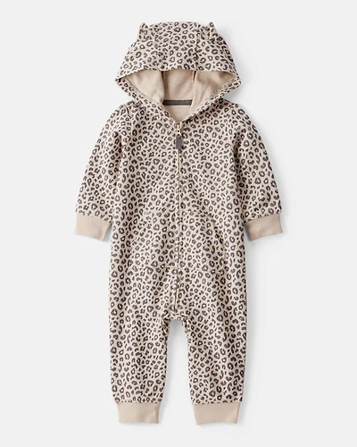 Baby Girl Cat Leopard Print Cotton Long-Sleeve Hooded Jumpsuit - Brown