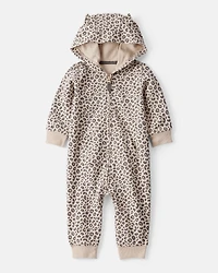 Baby Girl Cat Leopard Print Cotton Long-Sleeve Hooded Jumpsuit - Brown