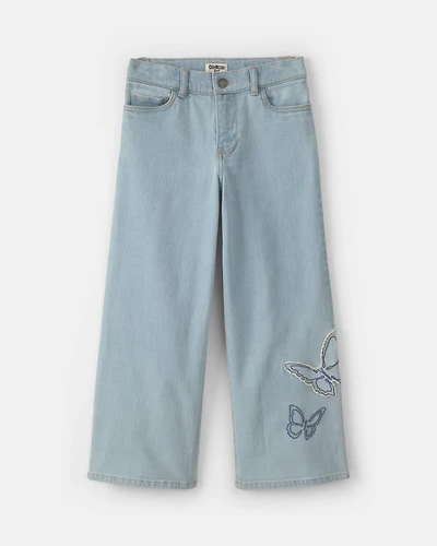 Girls Butterfly Cropped Wide-Leg Jeans - Light Wash