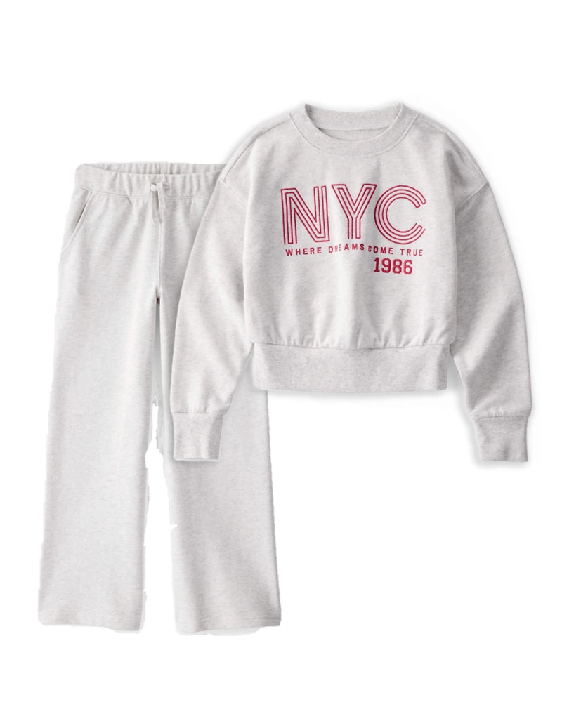 Girls 2-Piece NYC Graphic Sweatshirt & Drawstring Pants Set - Grey