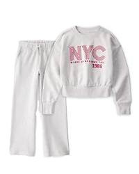 Girls 2-Piece NYC Graphic Sweatshirt & Drawstring Pants Set - Grey