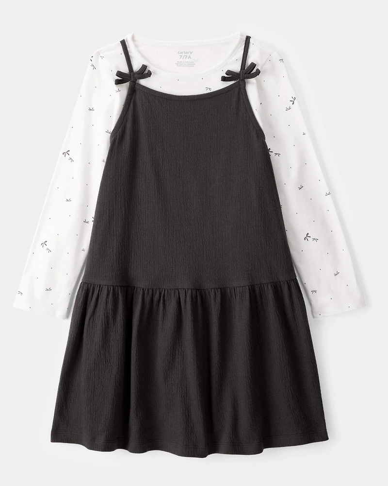 Kid 2-Piece Bow Print Tee & Tank Dress Set - Black/Ivory