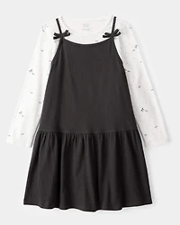 Kid 2-Piece Bow Print Tee & Tank Dress Set - Black/Ivory