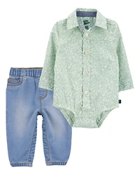 Baby 2-Piece Floral Button-Front Bodysuit & Pull-On Jeans Set