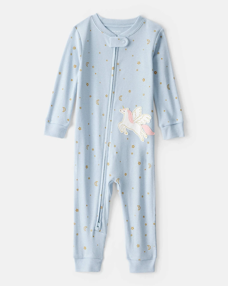 Baby Girl Unicorn Star Print 100% Cotton Long-Sleeve 2-Way Zip 1-Piece Pajamas - Blue