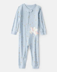 Baby Girl Unicorn Star Print 100% Cotton Long-Sleeve 2-Way Zip 1-Piece Pajamas - Blue