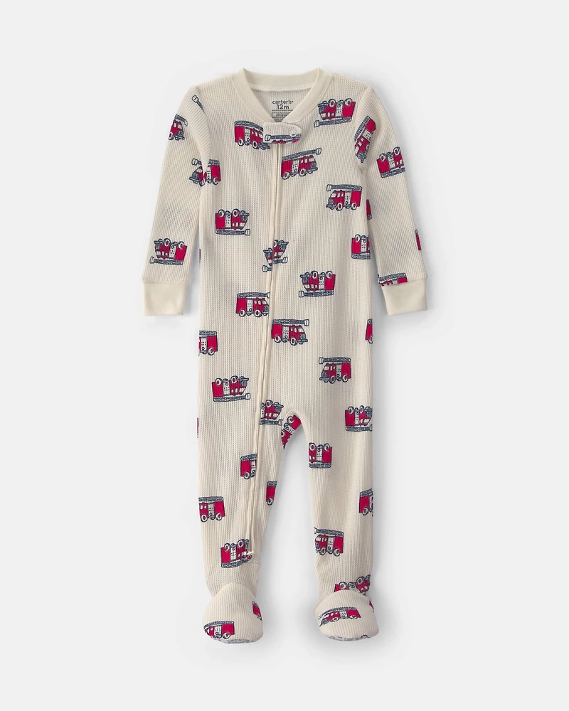 Toddler Boy 1-Piece Firetrucks Thermal Snug Fit Footed Pajama - Cream