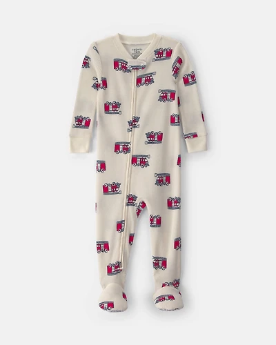 Toddler Boy 1-Piece Firetrucks Thermal Snug Fit Footed Pajama - Cream