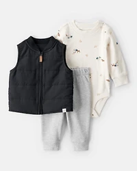Baby Boy 3-Piece Quilted Vest Outfit Set - Grey/Black